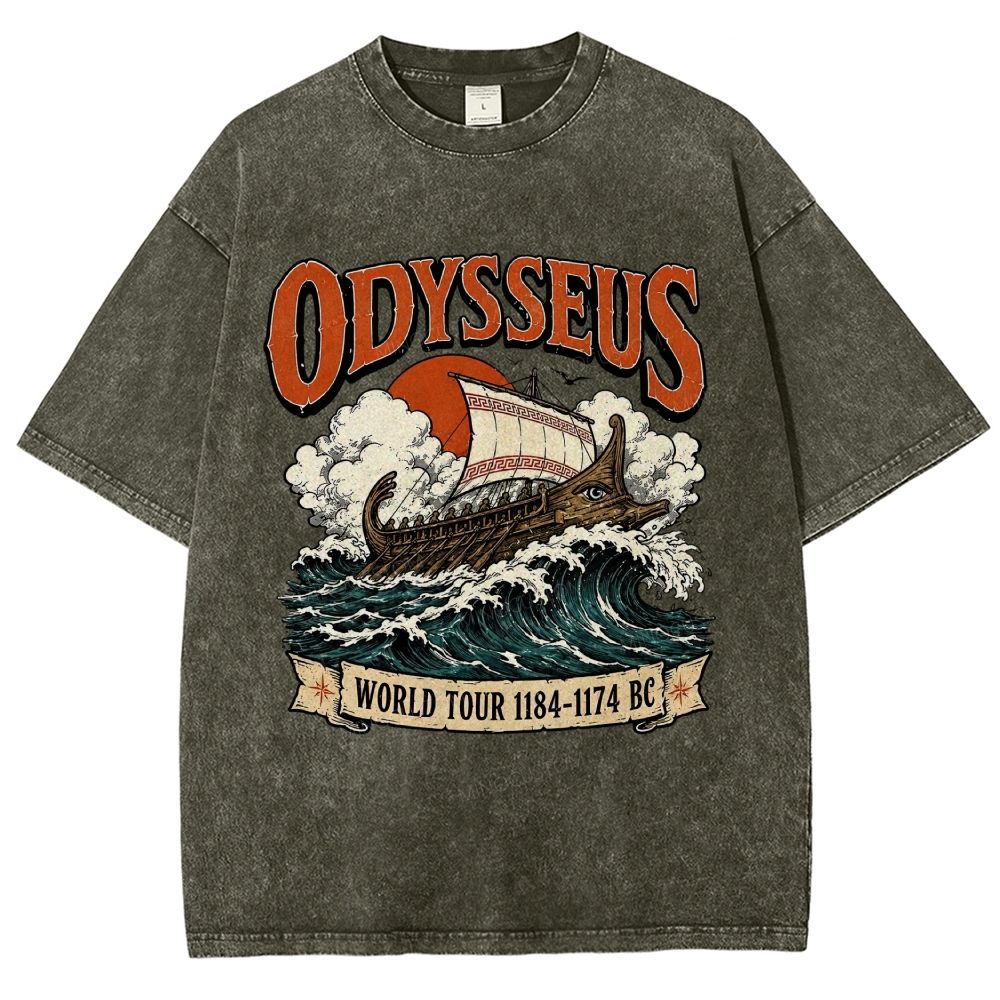 Vintage Washed Ancient Greek War Ship Graphic Washed T-Shirt