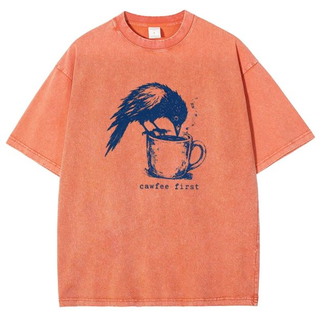 Funny Bird Retro Linocut Distressed Washed T-shirt