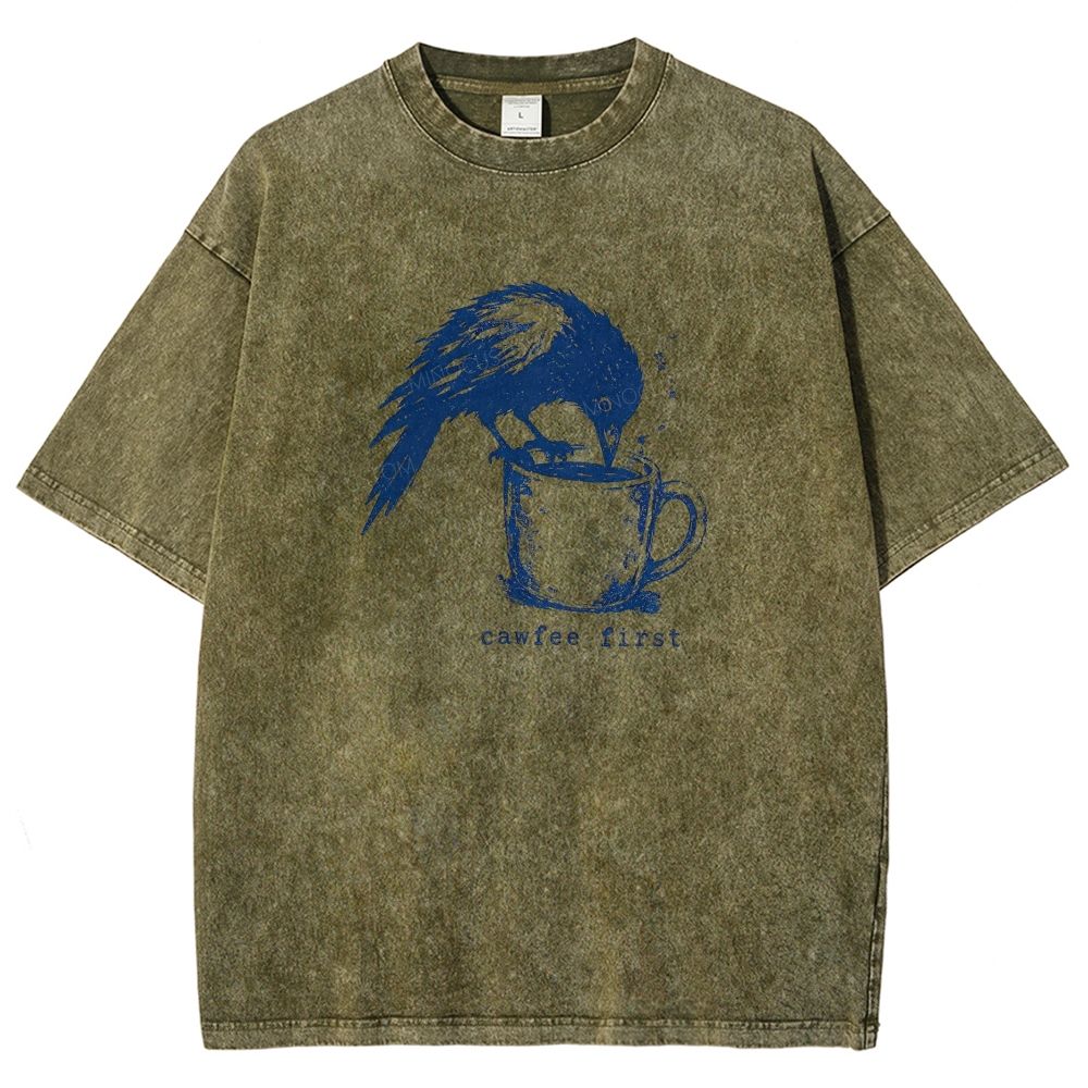 Funny Bird Retro Linocut Distressed Washed T-shirt