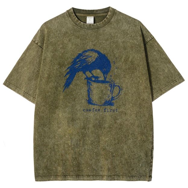 Funny Bird Retro Linocut Distressed Washed T-shirt