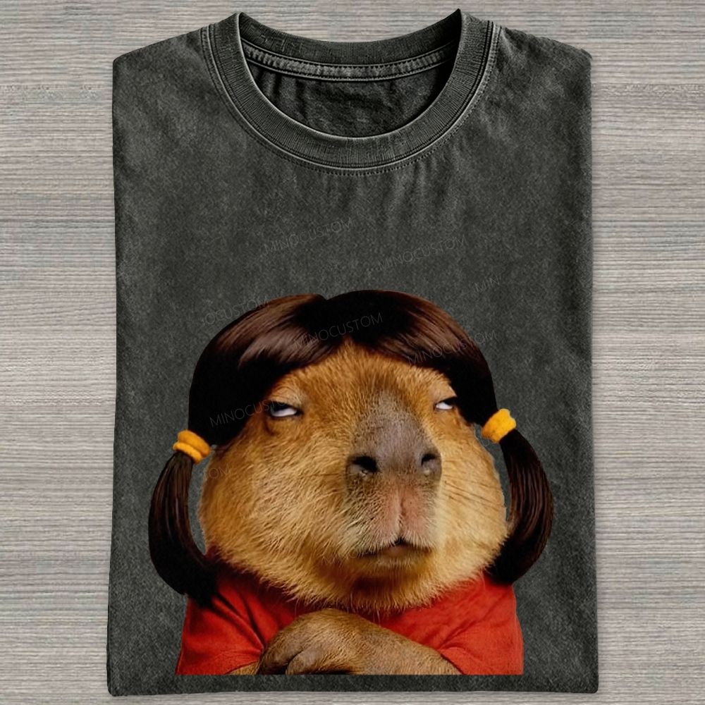 Vintage Washed Funny Capybara With Wig Graphic Washed T-shirt