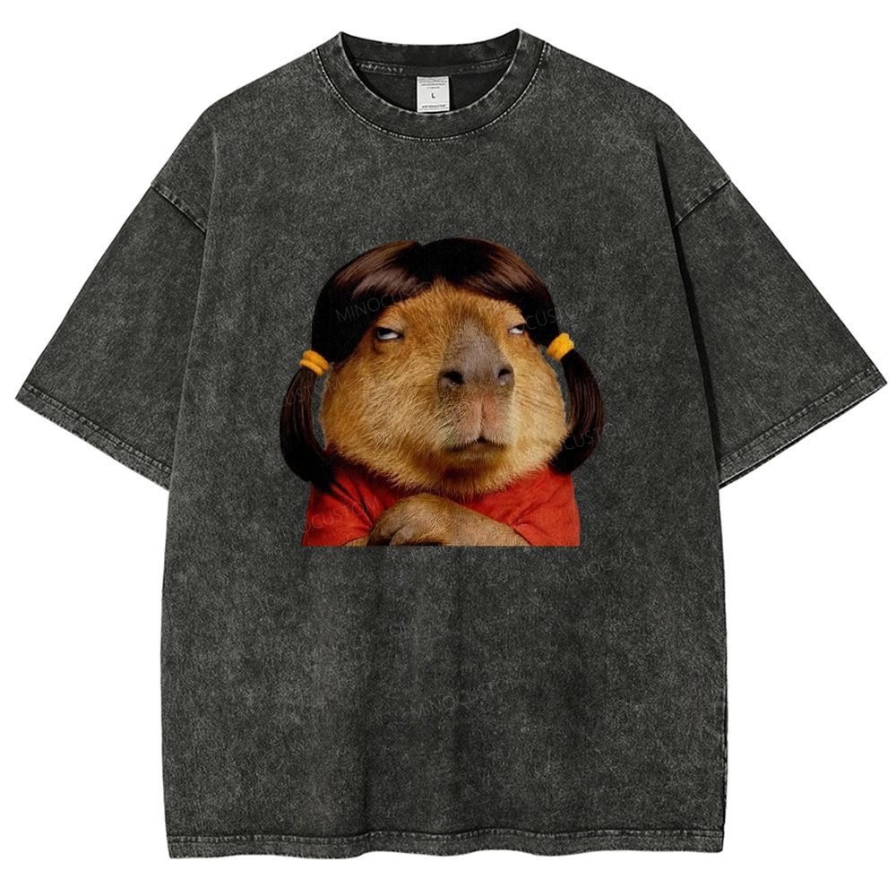 Vintage Washed Funny Capybara With Wig Graphic Washed T-shirt