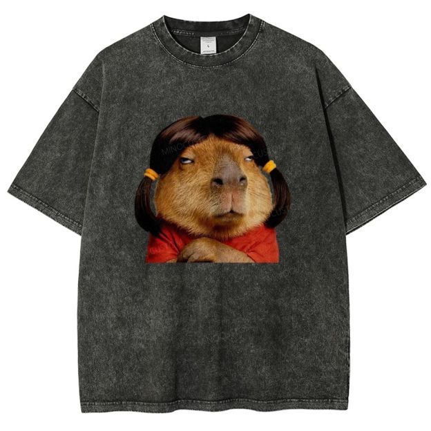 Vintage Washed Funny Capybara With Wig Graphic Washed T-shirt
