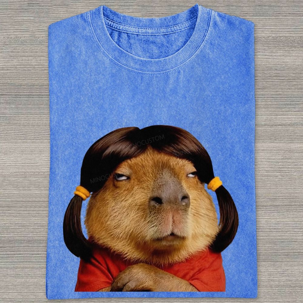 Vintage Washed Funny Capybara With Wig Graphic Washed T-shirt