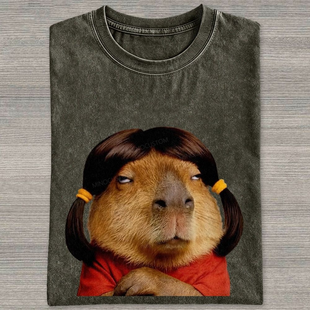Vintage Washed Funny Capybara With Wig Graphic Washed T-shirt