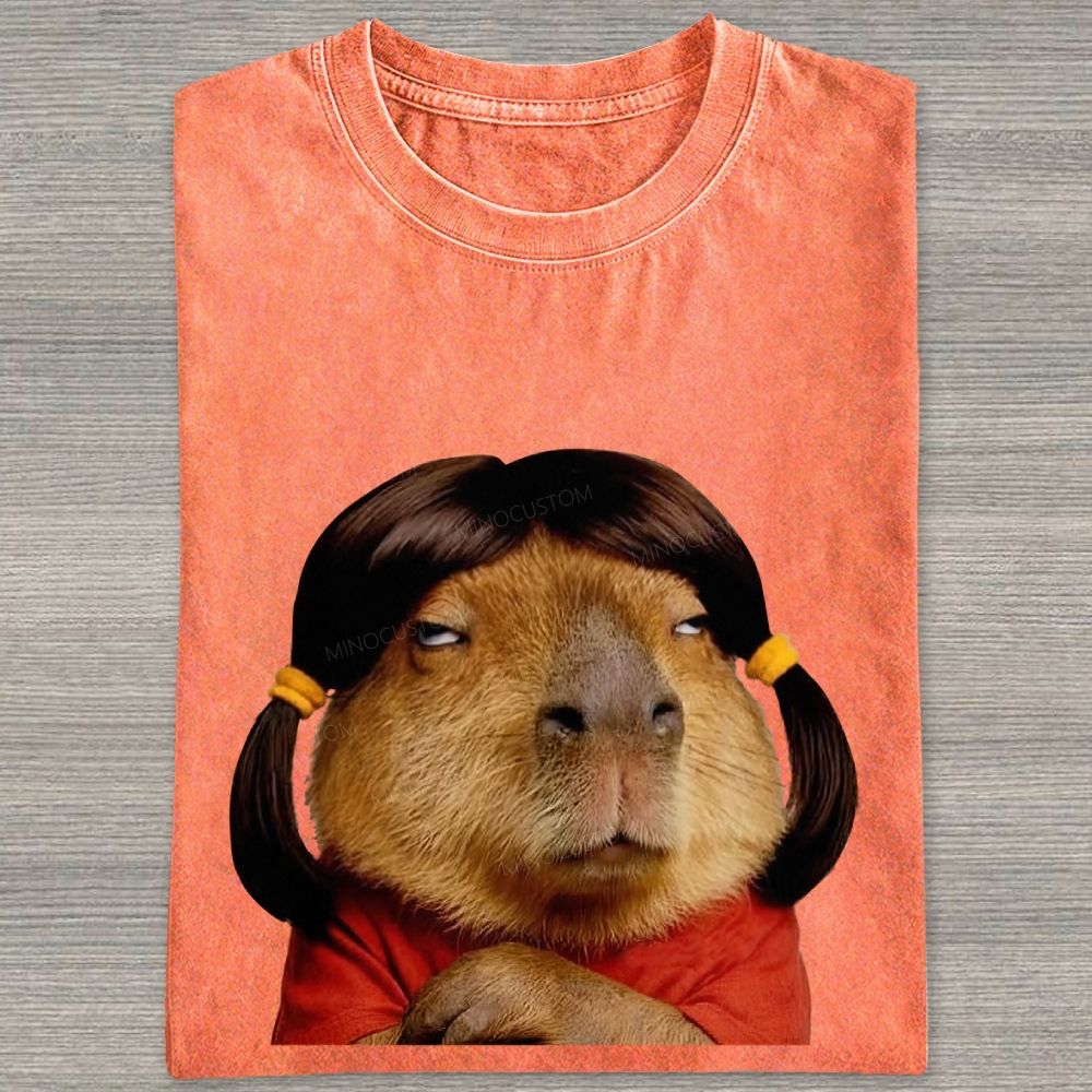 Vintage Washed Funny Capybara With Wig Graphic Washed T-shirt