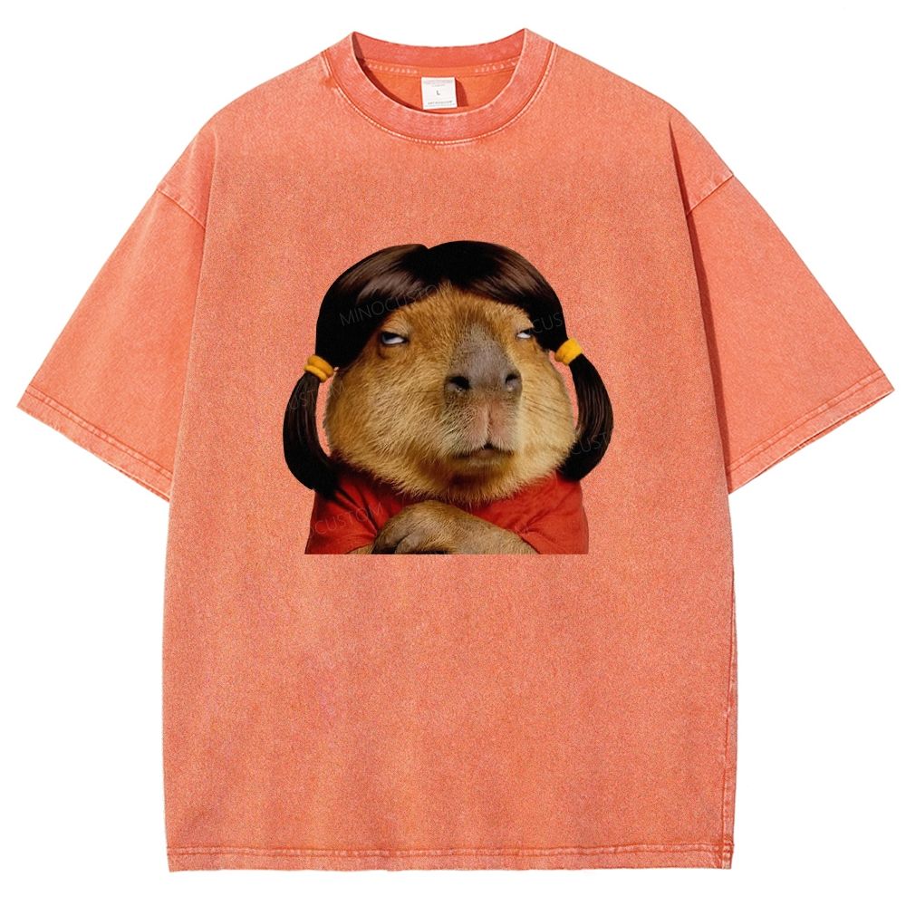 Vintage Washed Funny Capybara With Wig Graphic Washed T-shirt