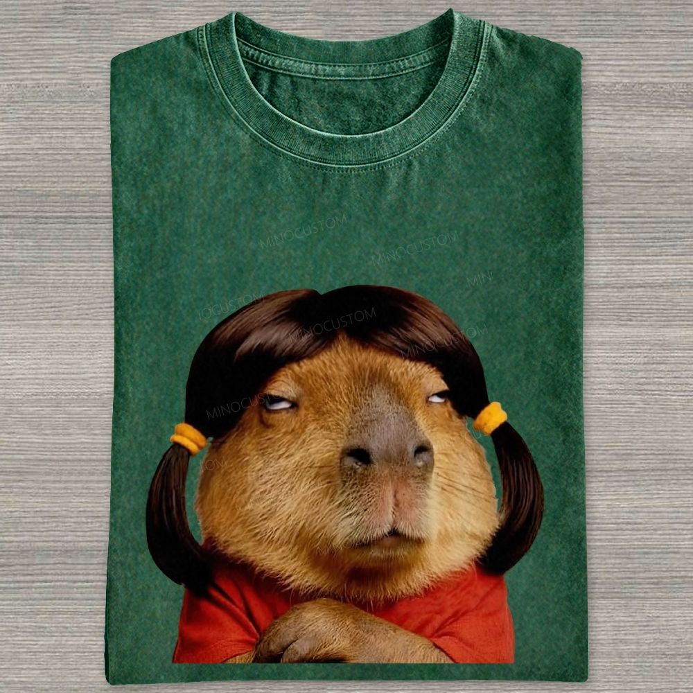 Vintage Washed Funny Capybara With Wig Graphic Washed T-shirt