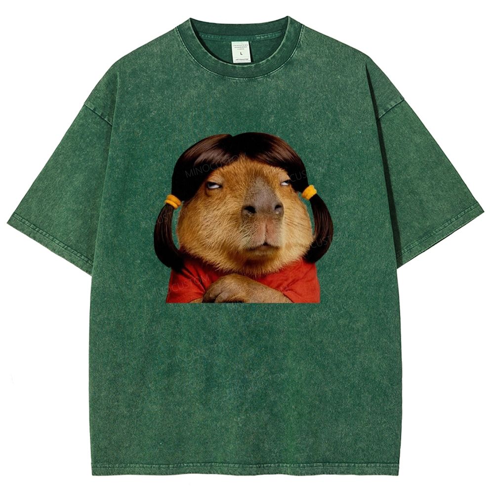 Vintage Washed Funny Capybara With Wig Graphic Washed T-shirt