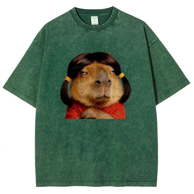 Vintage Washed Funny Capybara With Wig Graphic Washed T-shirt