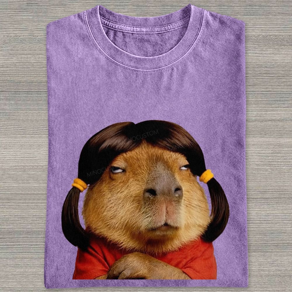 Vintage Washed Funny Capybara With Wig Graphic Washed T-shirt