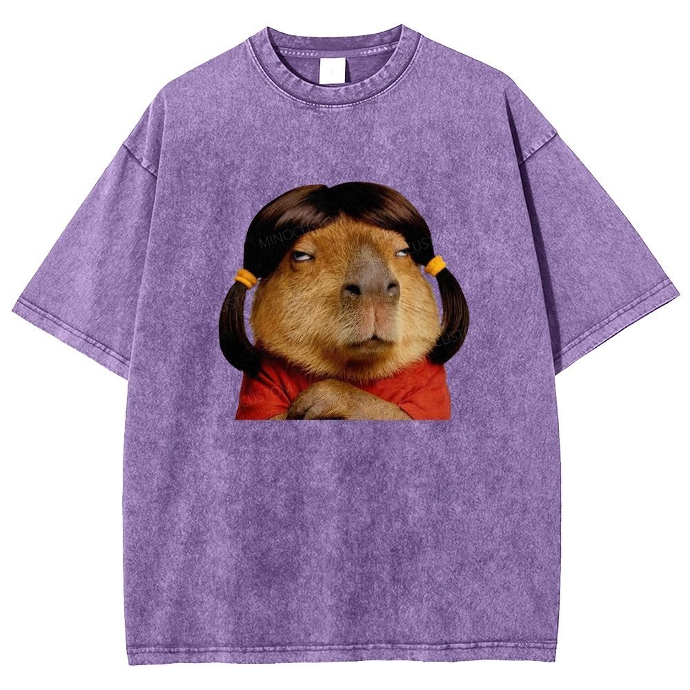 Vintage Washed Funny Capybara With Wig Graphic Washed T-shirt