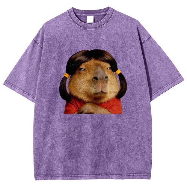 Vintage Washed Funny Capybara With Wig Graphic Washed T-shirt