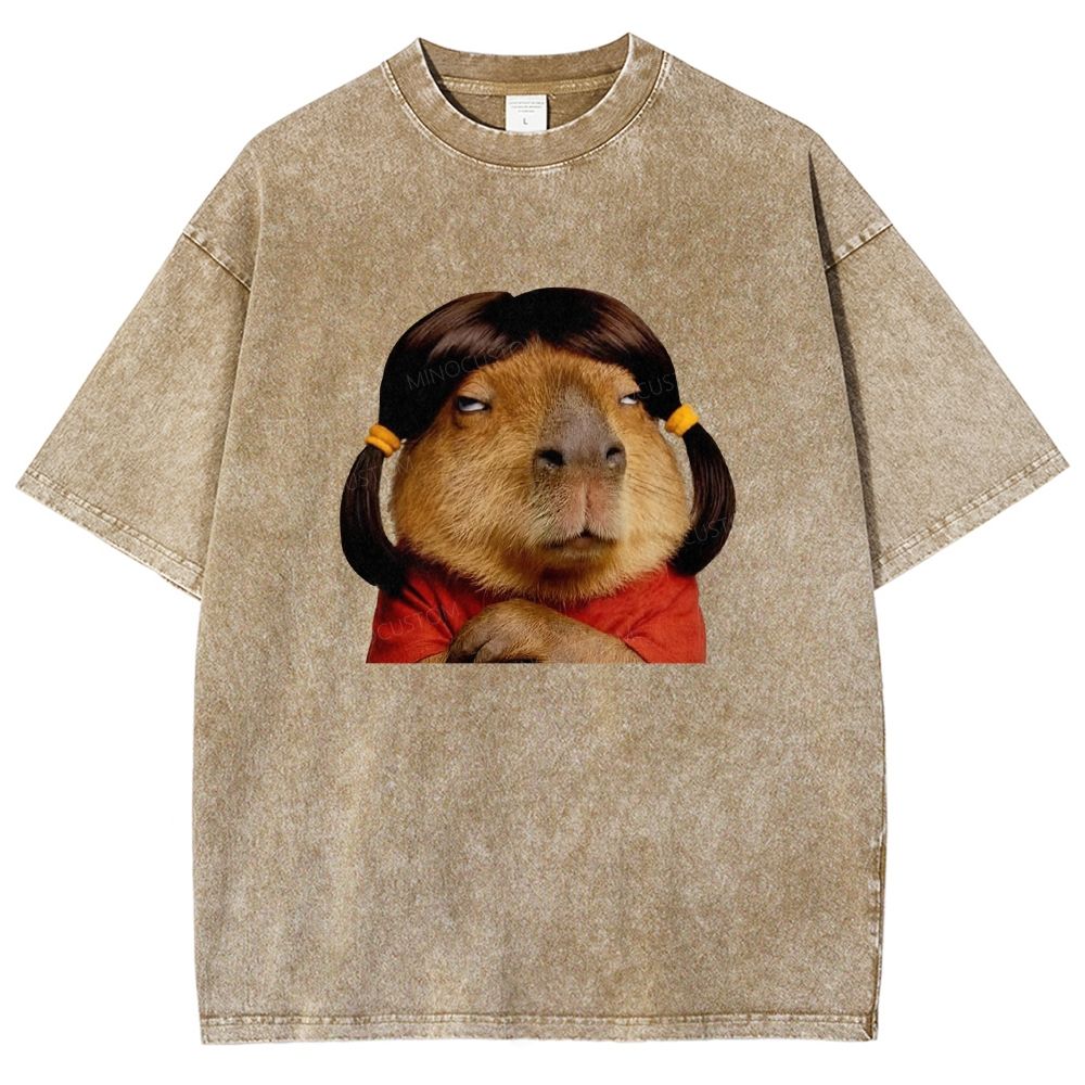 Vintage Washed Funny Capybara With Wig Graphic Washed T-shirt
