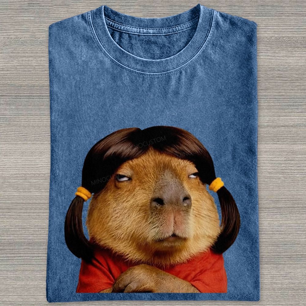 Vintage Washed Funny Capybara With Wig Graphic Washed T-shirt