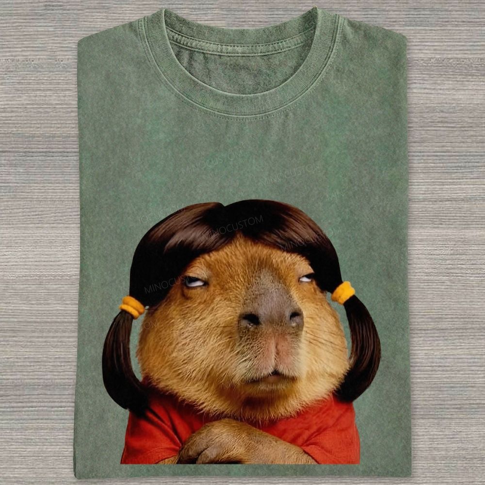 Vintage Washed Funny Capybara With Wig Graphic Washed T-shirt