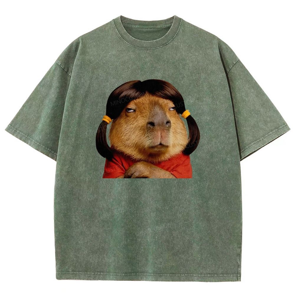 Vintage Washed Funny Capybara With Wig Graphic Washed T-shirt