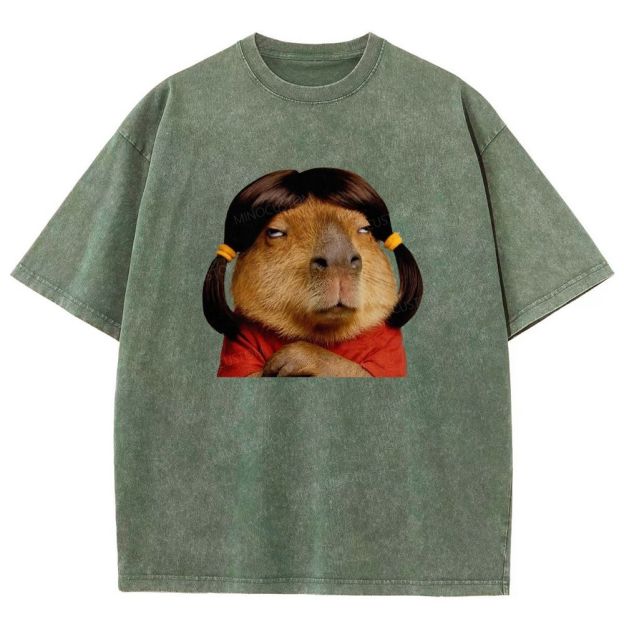 Vintage Washed Funny Capybara With Wig Graphic Washed T-shirt