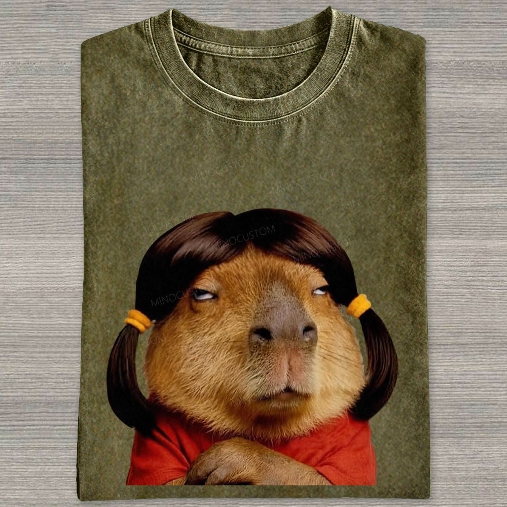 Vintage Washed Funny Capybara With Wig Graphic Washed T-shirt