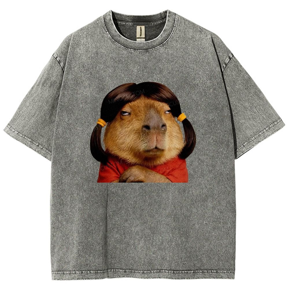 Vintage Washed Funny Capybara With Wig Graphic Washed T-shirt
