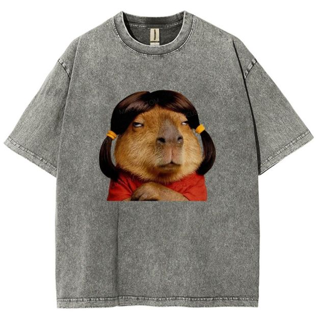 Vintage Washed Funny Capybara With Wig Graphic Washed T-shirt