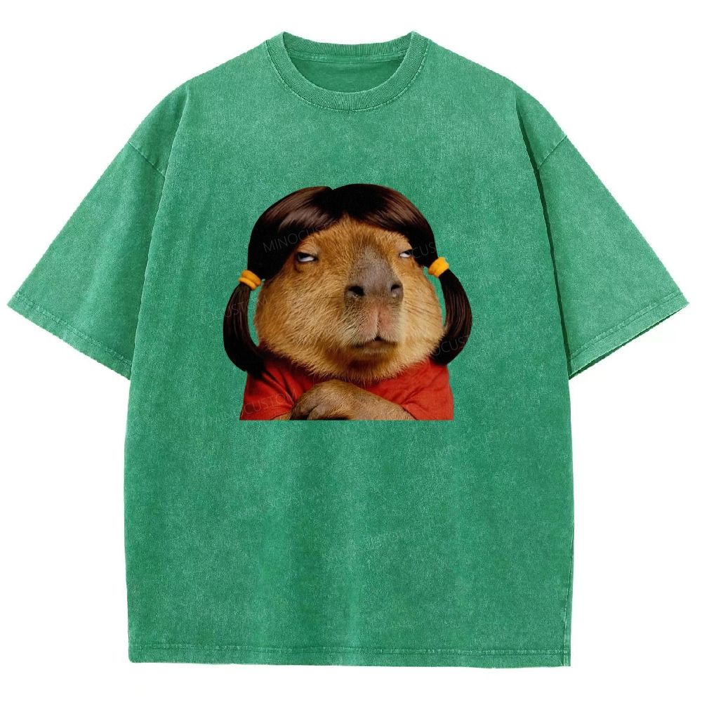 Vintage Washed Funny Capybara With Wig Graphic Washed T-shirt