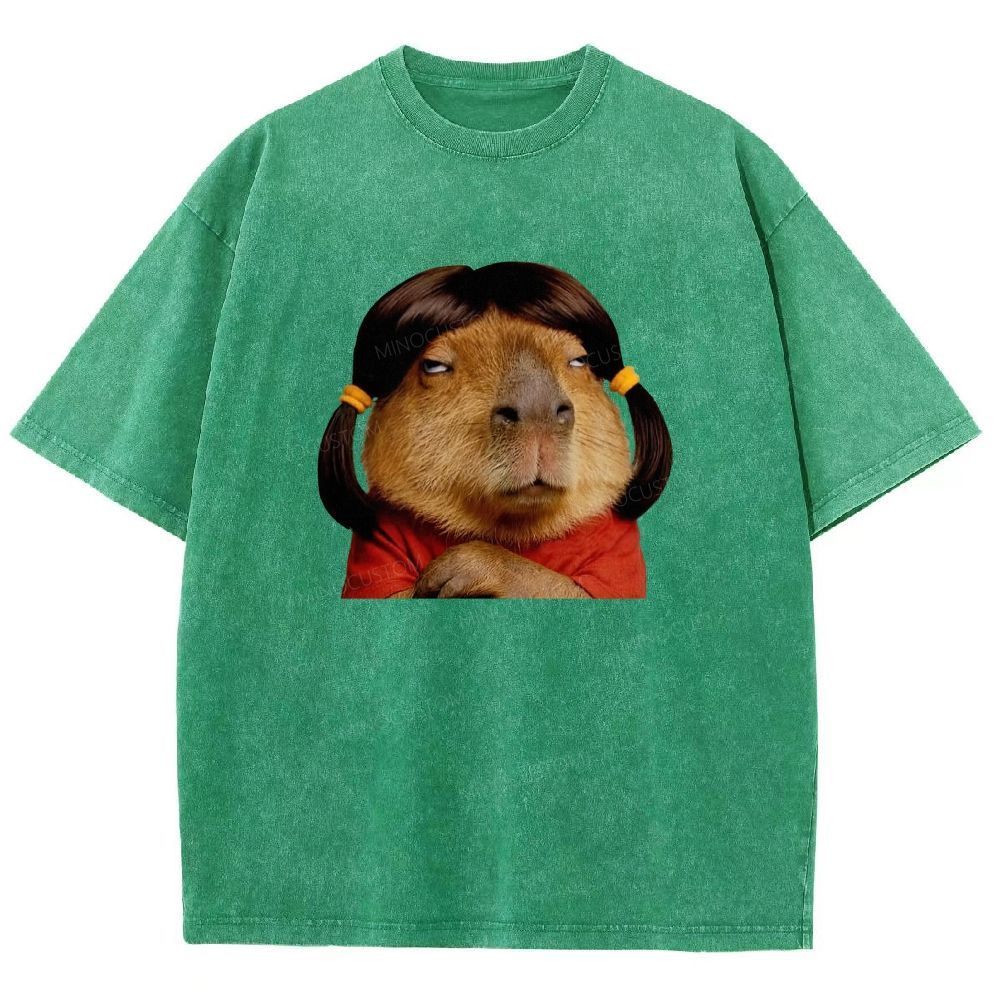 Vintage Washed Funny Capybara With Wig Graphic Washed T-shirt