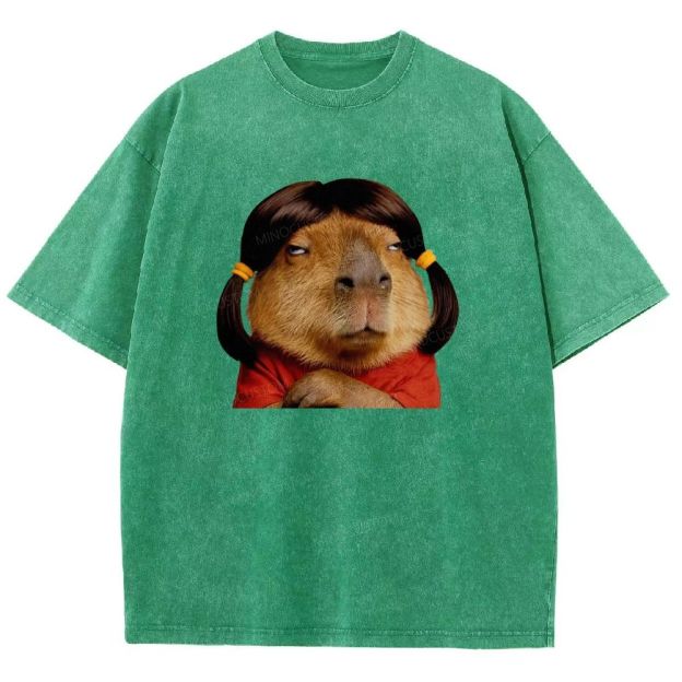 Vintage Washed Funny Capybara With Wig Graphic Washed T-shirt