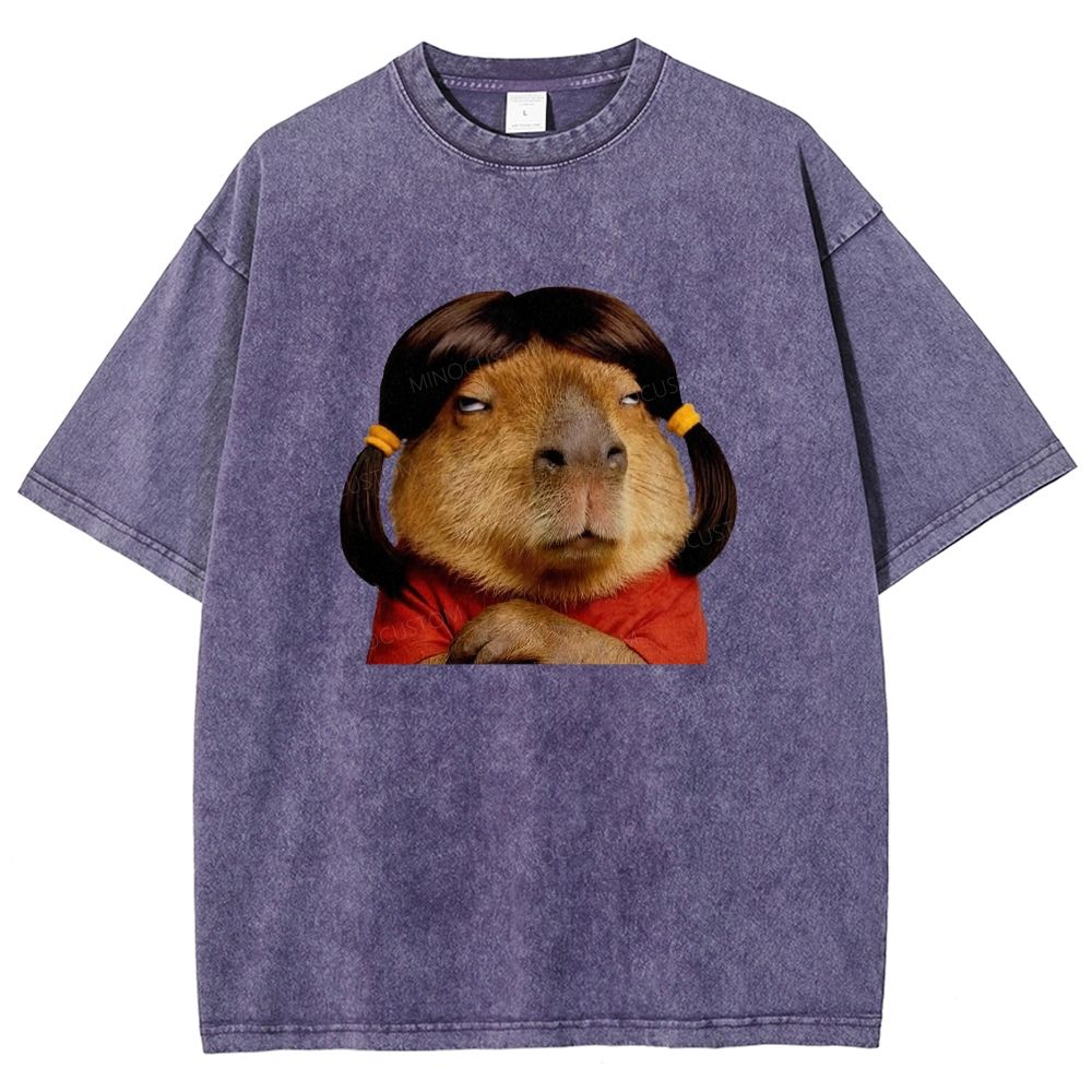 Vintage Washed Funny Capybara With Wig Graphic Washed T-shirt