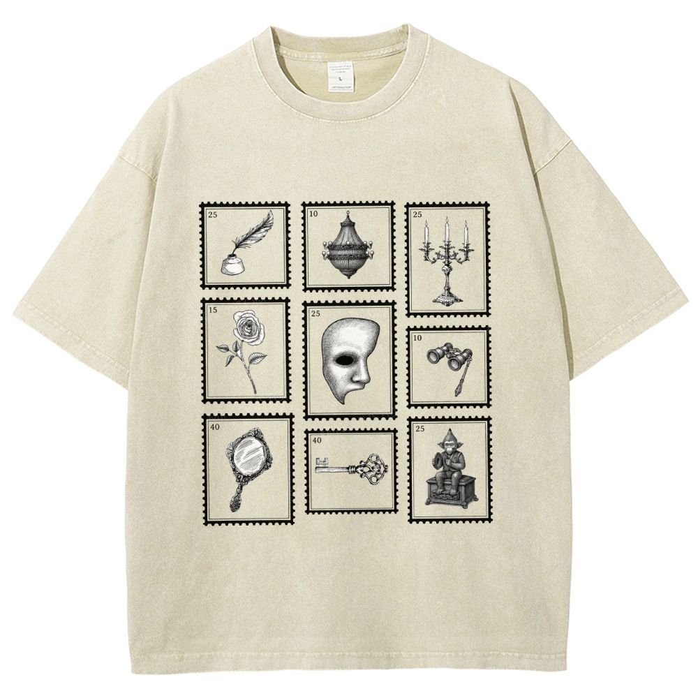 Stamp‑Style Theatre Mask Rose Vintage Unisex Fit Washed T-Shirt