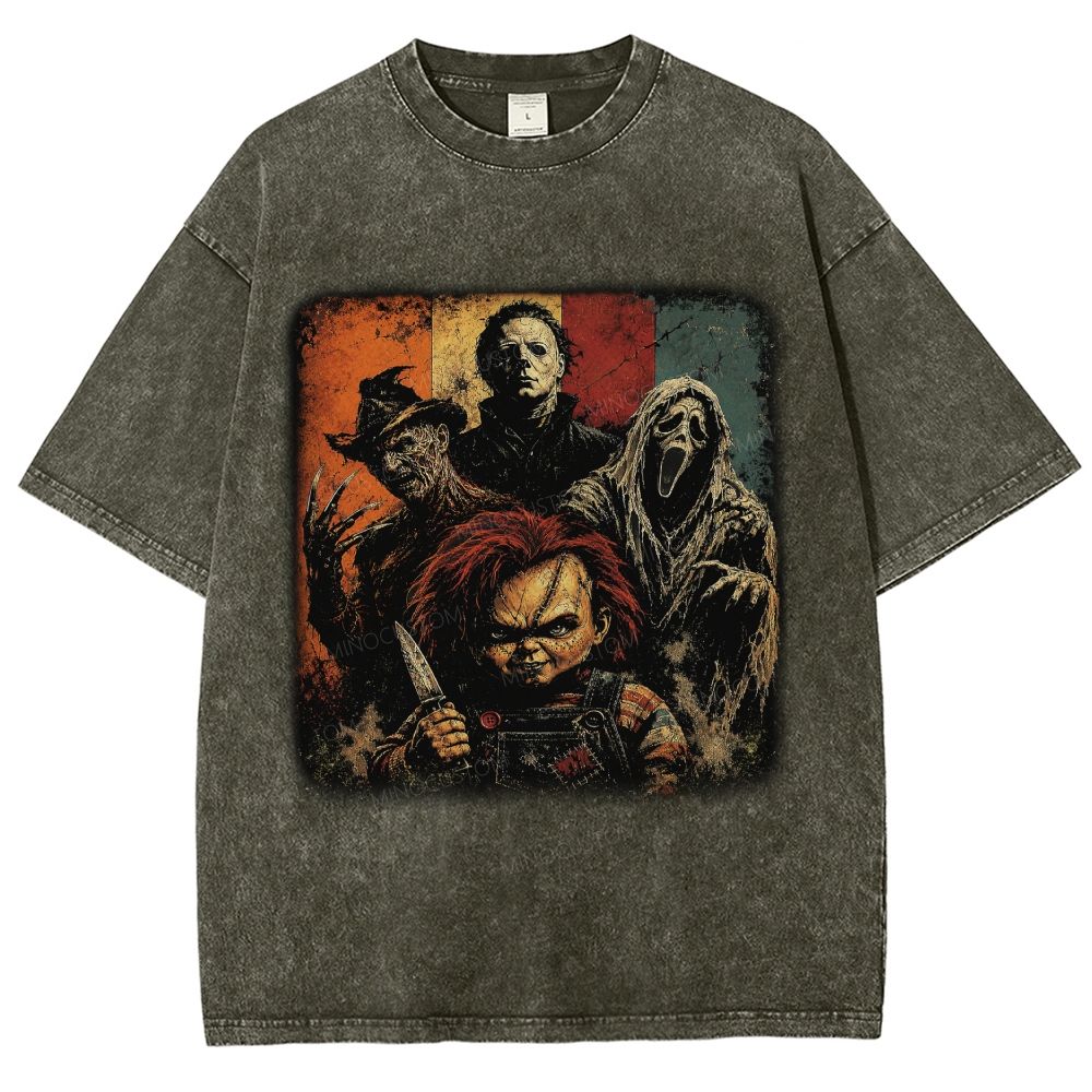 Horror Villain Collage Retro Scary Unisex Fit Washed T-Shirt