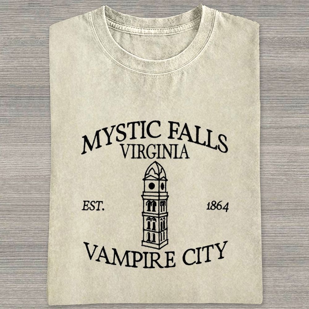 Embroidered Mystic Falls Vampire City Washed T-shirt 