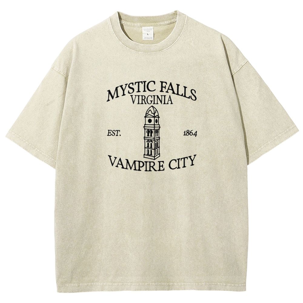 Embroidered Mystic Falls Vampire City Washed T-shirt 