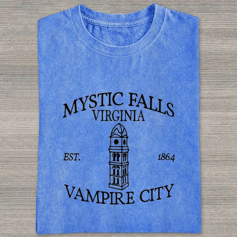 Embroidered Mystic Falls Vampire City Washed T-shirt 