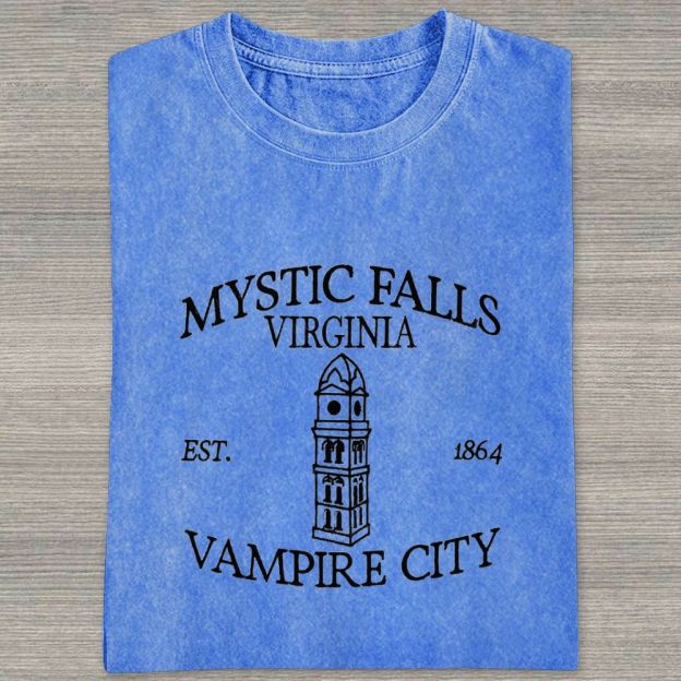 Embroidered Mystic Falls Vampire City Washed T-shirt 