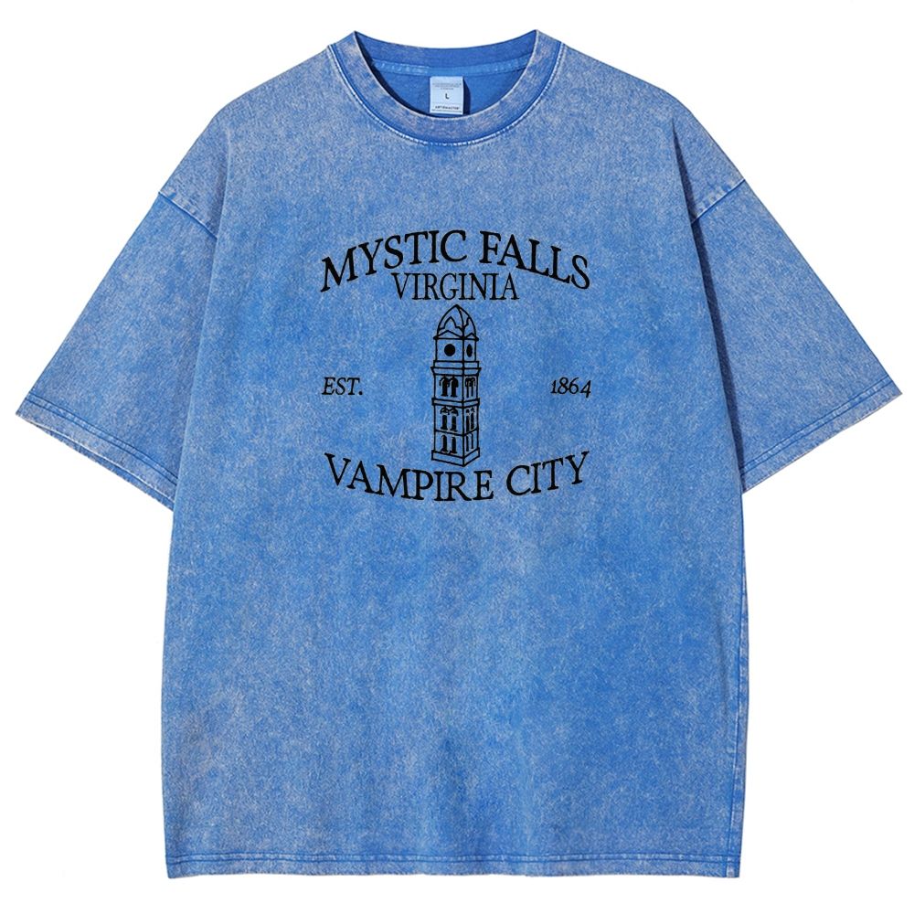 Embroidered Mystic Falls Vampire City Washed T-shirt 