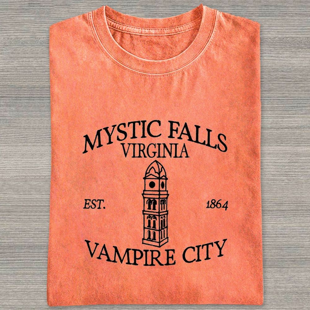 Embroidered Mystic Falls Vampire City Washed T-shirt 