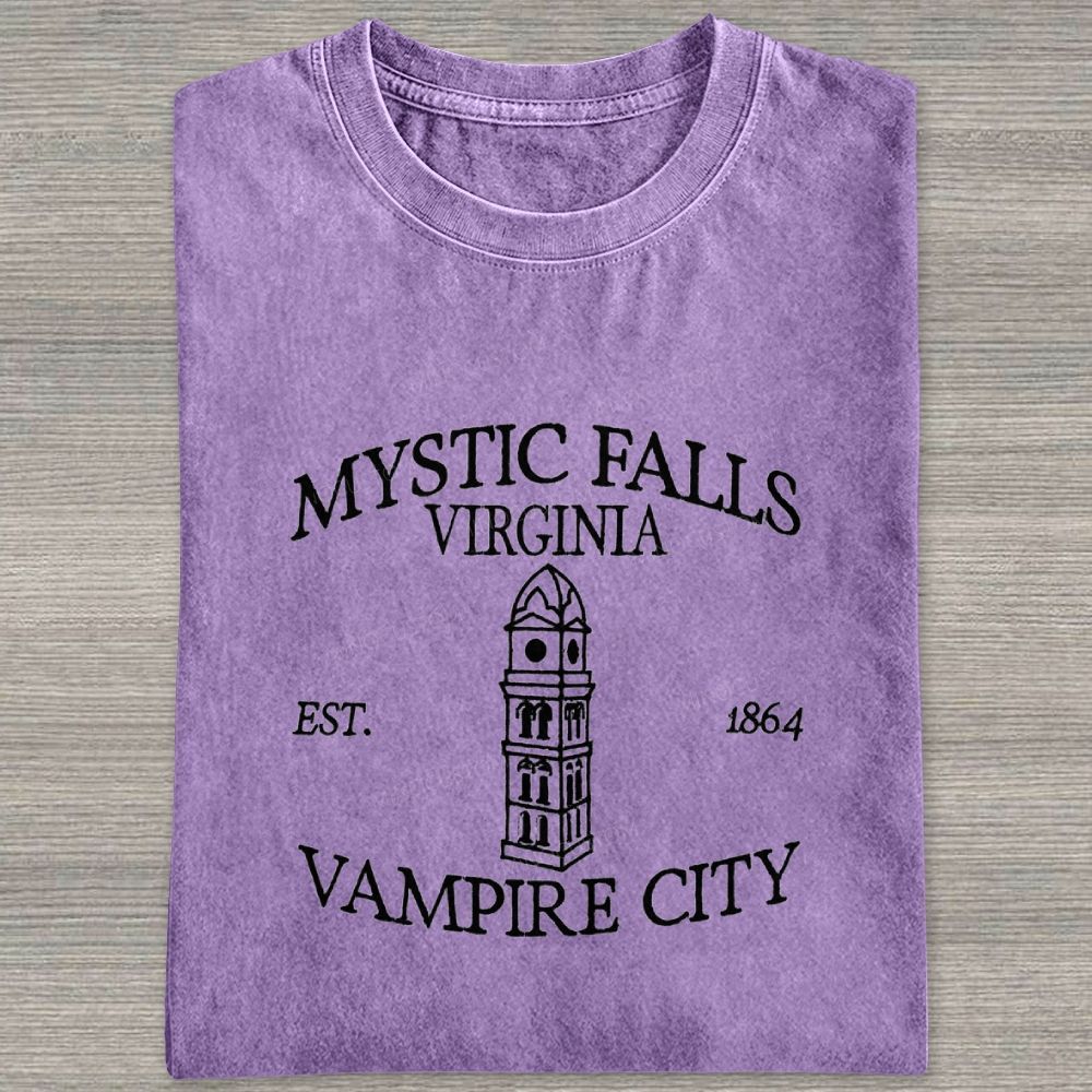 Embroidered Mystic Falls Vampire City Washed T-shirt 