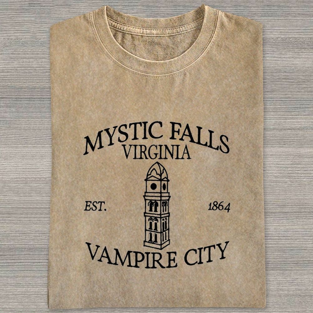 Embroidered Mystic Falls Vampire City Washed T-shirt 