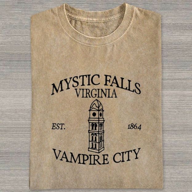 Embroidered Mystic Falls Vampire City Washed T-shirt 