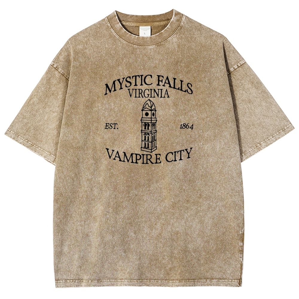 Embroidered Mystic Falls Vampire City Washed T-shirt 
