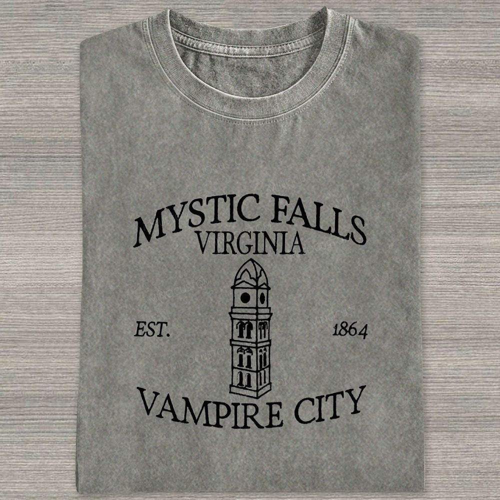 Embroidered Mystic Falls Vampire City Washed T-shirt 