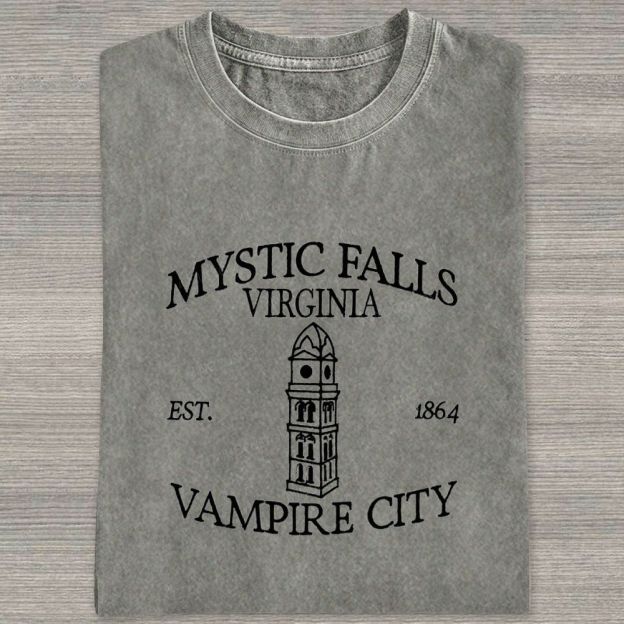 Embroidered Mystic Falls Vampire City Washed T-shirt 