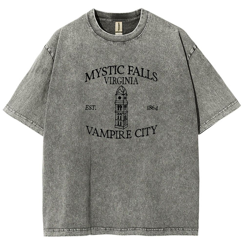 Embroidered Mystic Falls Vampire City Washed T-shirt 