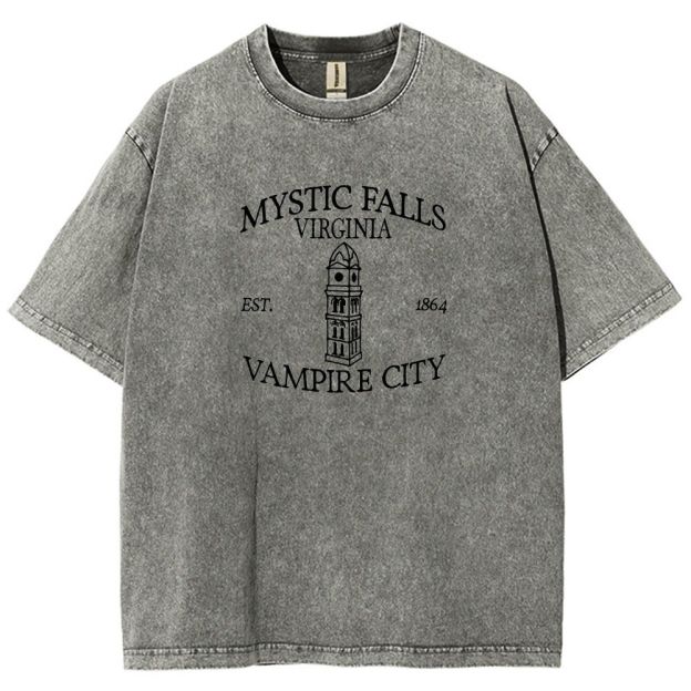 Embroidered Mystic Falls Vampire City Washed T-shirt 