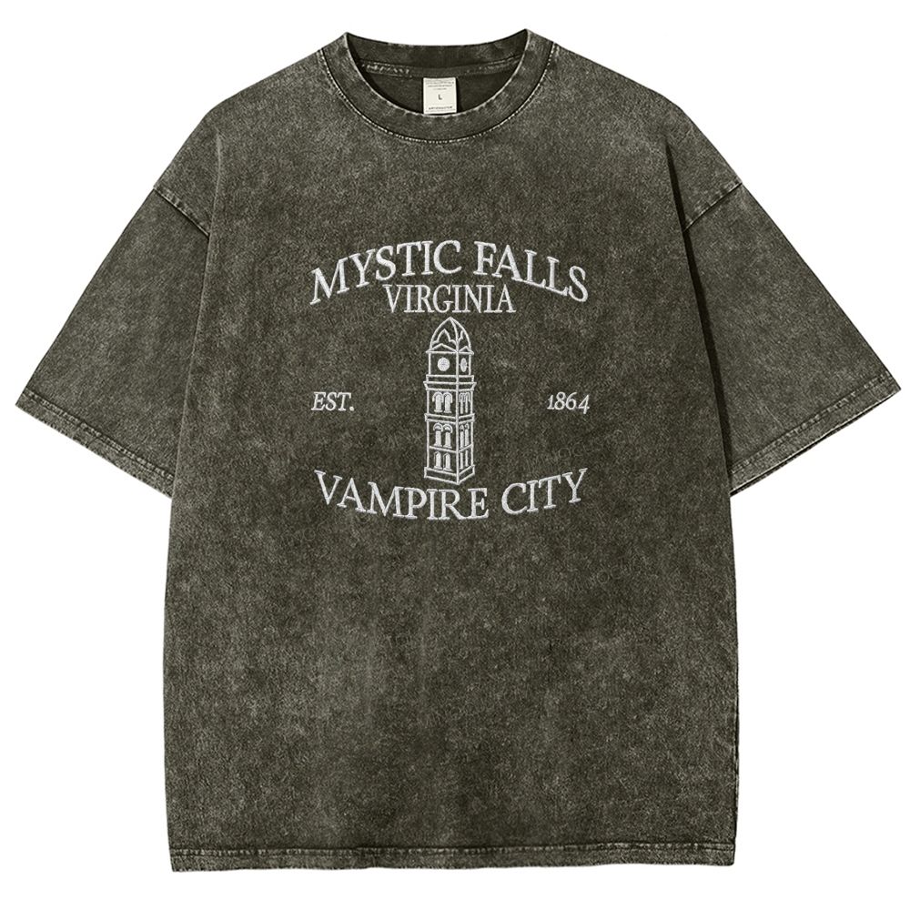 Embroidered Mystic Falls Vampire City Washed T-shirt 