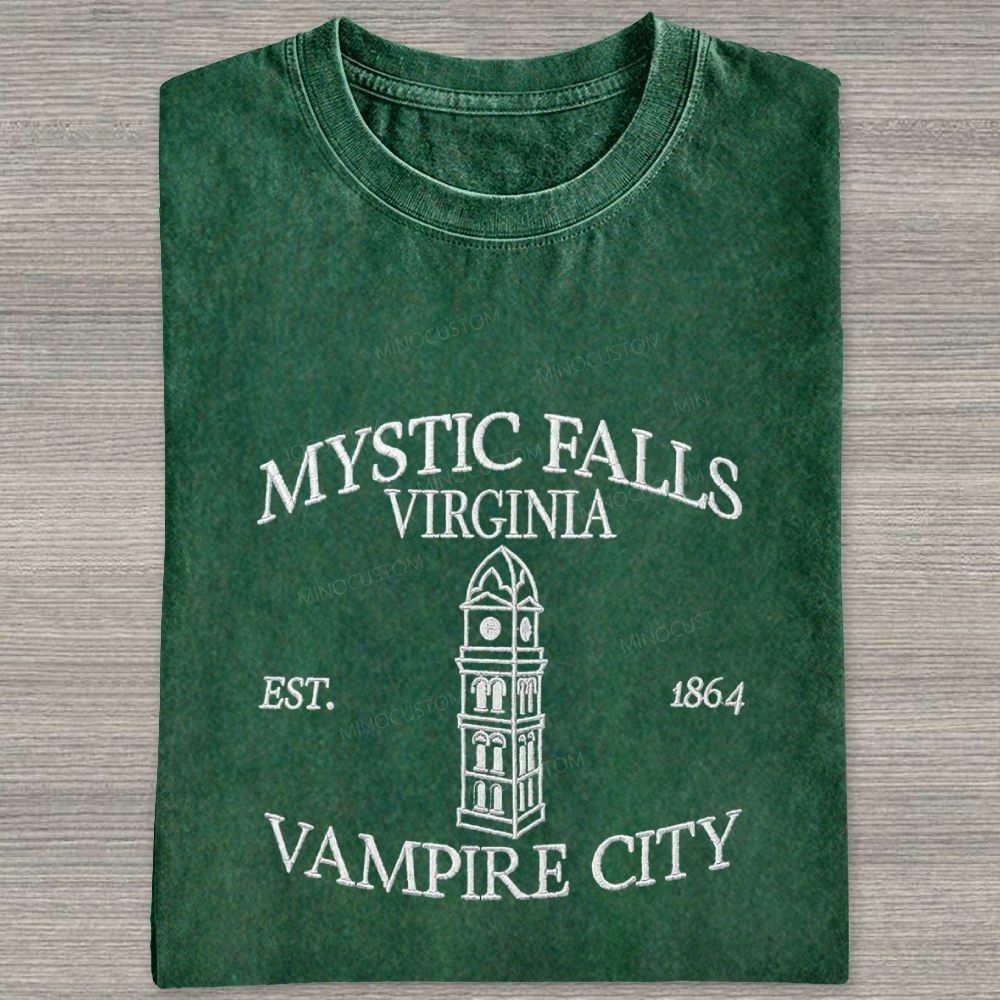 Embroidered Mystic Falls Vampire City Washed T-shirt 