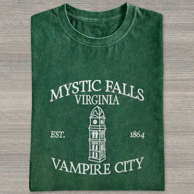 Embroidered Mystic Falls Vampire City Washed T-shirt 