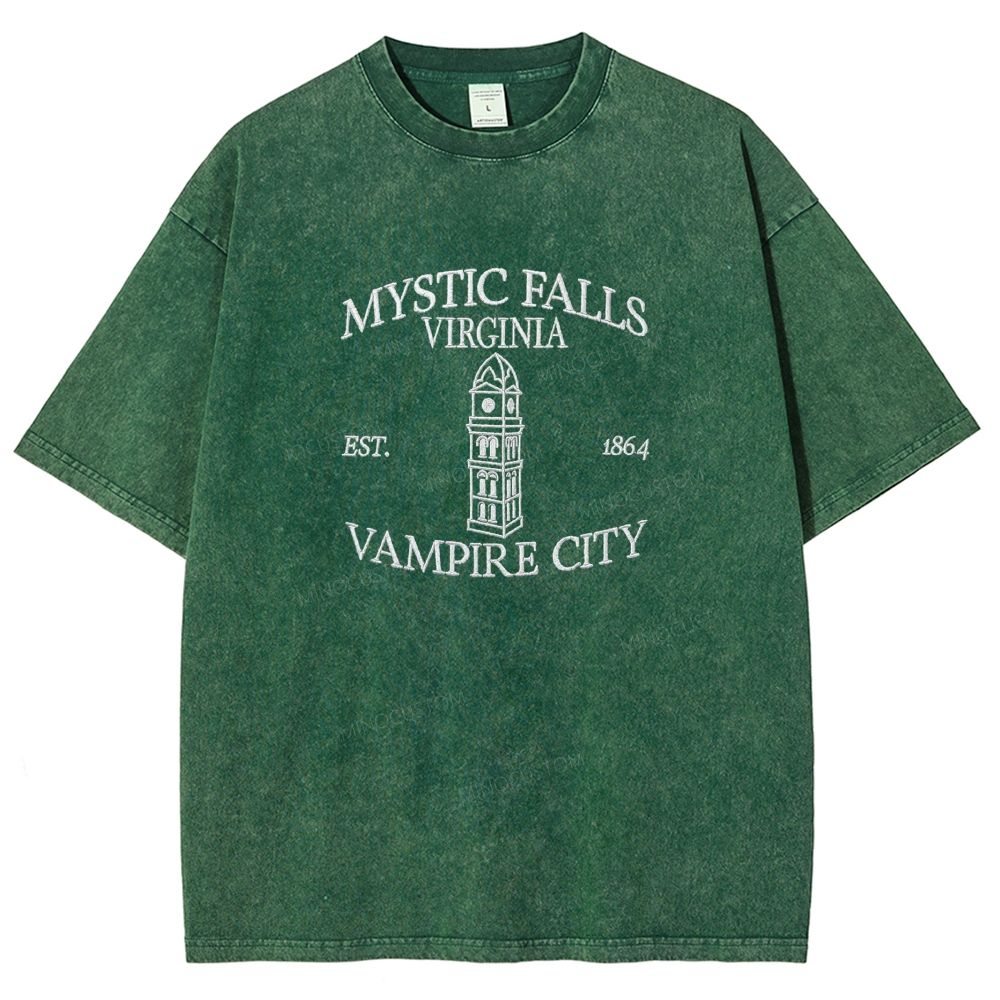 Embroidered Mystic Falls Vampire City Washed T-shirt 