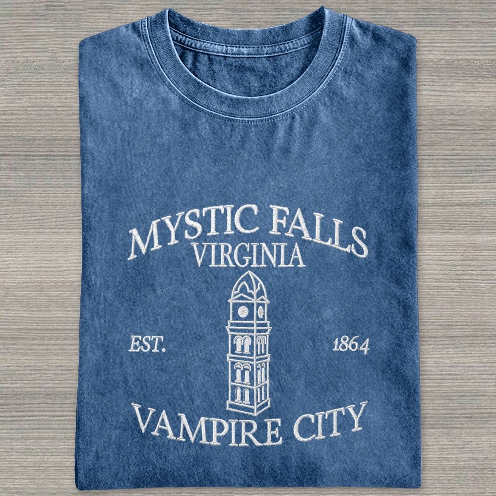 Embroidered Mystic Falls Vampire City Washed T-shirt 